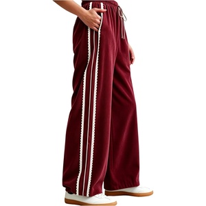 Springrain Women’s Wide Leg Corduroy Drawstring Side Stripe Pants | Scalloped lace trim accent, Functional Side Pockets, Wrinkle Fade Resistant, Silky Draping Texture(Red)