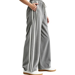 Springrain Women’s Wide Leg Corduroy Drawstring Side Stripe Pants | Scalloped lace trim accent, Functional Side Pockets, Wrinkle Fade Resistant, Silky Draping Texture(Gray)