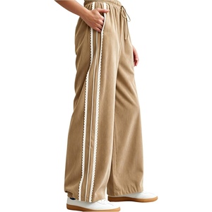 Springrain Women’s Wide Leg Corduroy Drawstring Side Stripe Pants | Scalloped lace trim accent, Functional Side Pockets, Wrinkle Fade Resistant, Silky Draping Texture(Khaki)