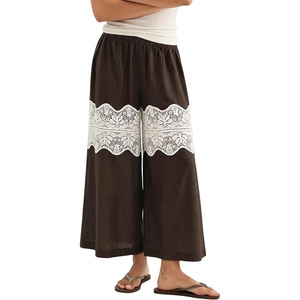 Springrain Women’s Wide Leg Lace Palazzo Pants Cotton Boho Fall(Brown)