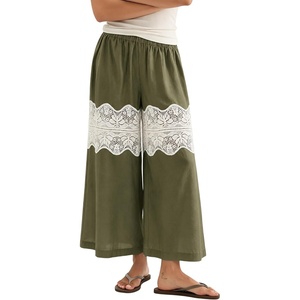 Springrain Women’s Wide Leg Lace Palazzo Pants Cotton Boho Fall(Olive)