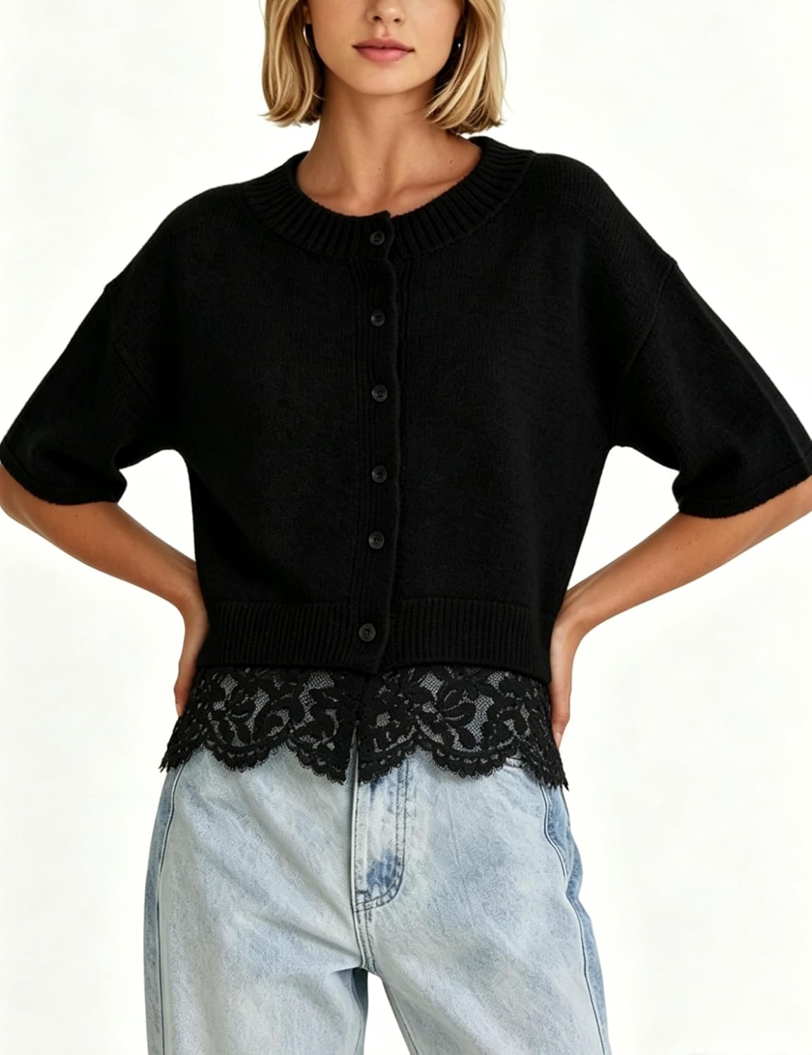 image:imageSpringrain Womens Cropped Lace Trim Knit Cardigan SweatersBlack
