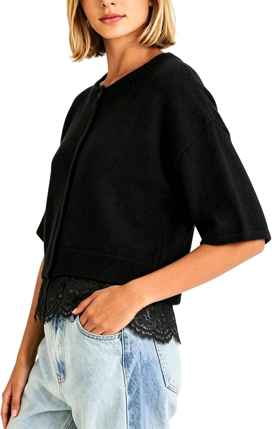 image:imageSpringrain Womens Cropped Lace Trim Knit Cardigan SweatersBlack