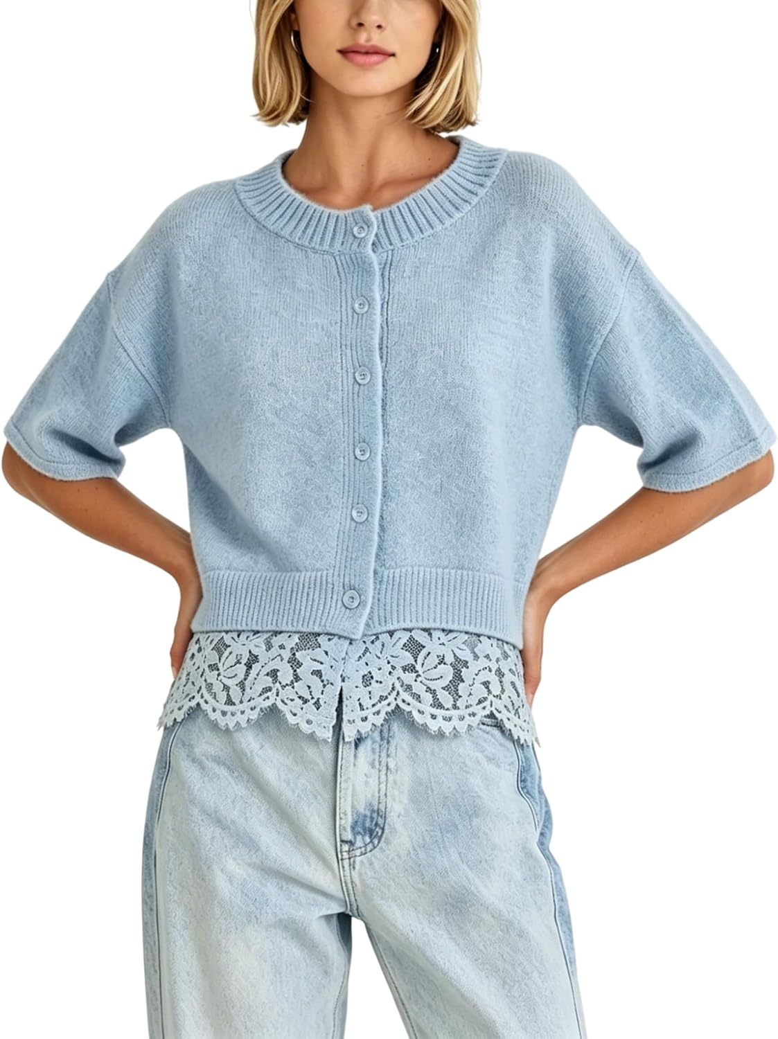 image:imageSpringrain Womens Cropped Lace Trim Knit Cardigan SweatersBlue