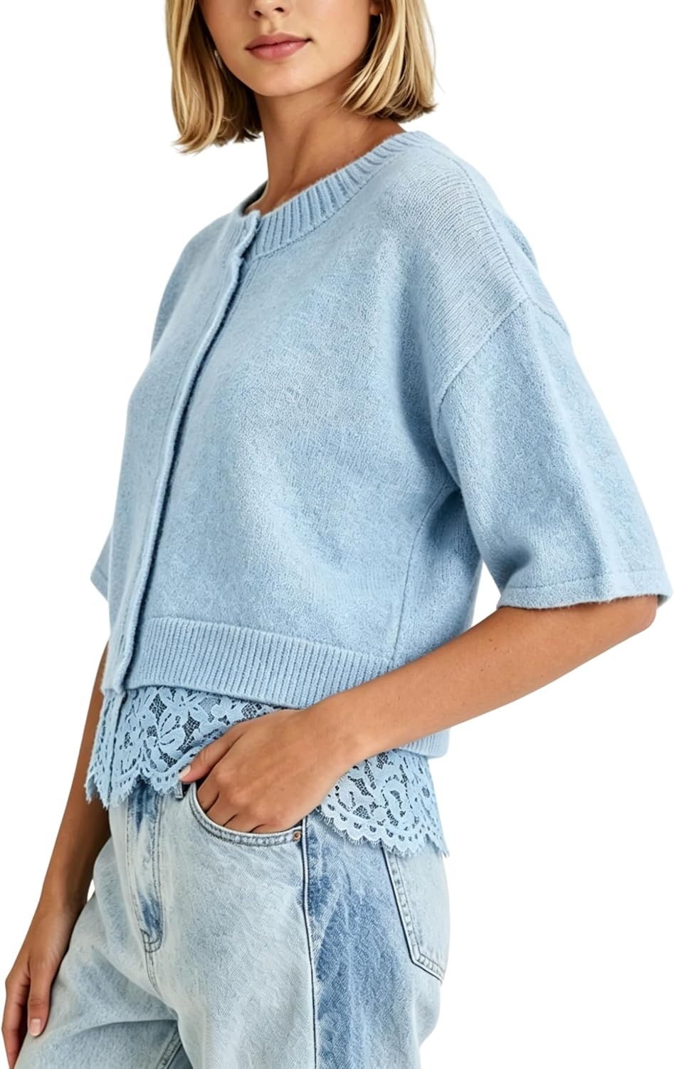 image:imageSpringrain Womens Cropped Lace Trim Knit Cardigan SweatersBlue