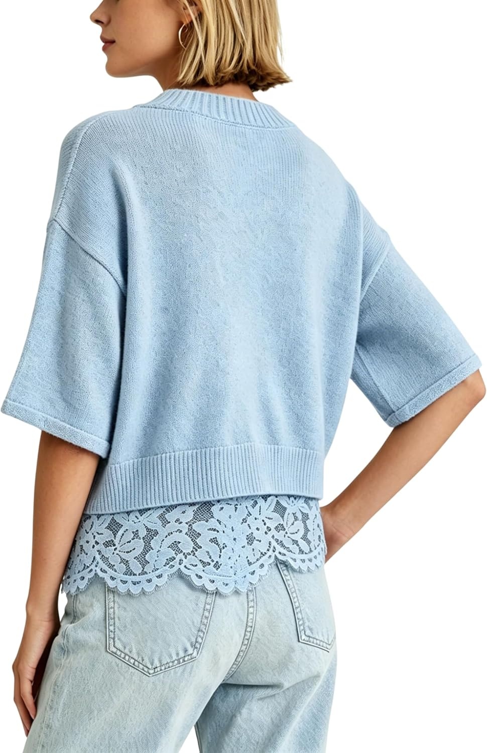 image:imageSpringrain Womens Cropped Lace Trim Knit Cardigan SweatersBlue