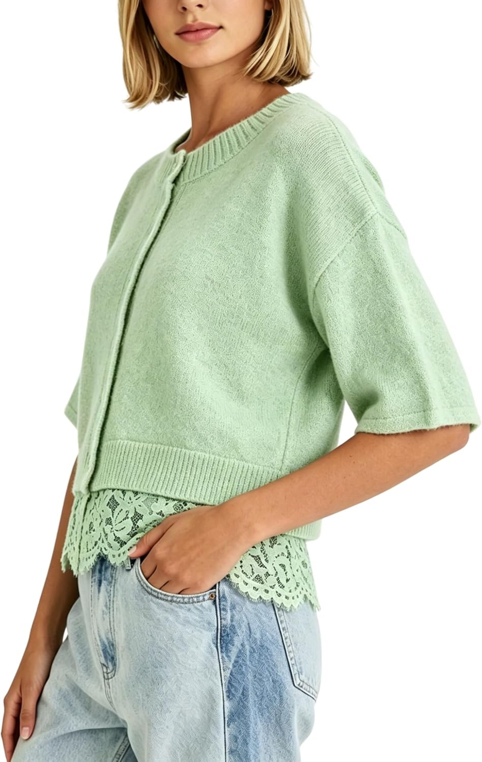 image:imageSpringrain Womens Cropped Lace Trim Knit Cardigan SweatersGreen