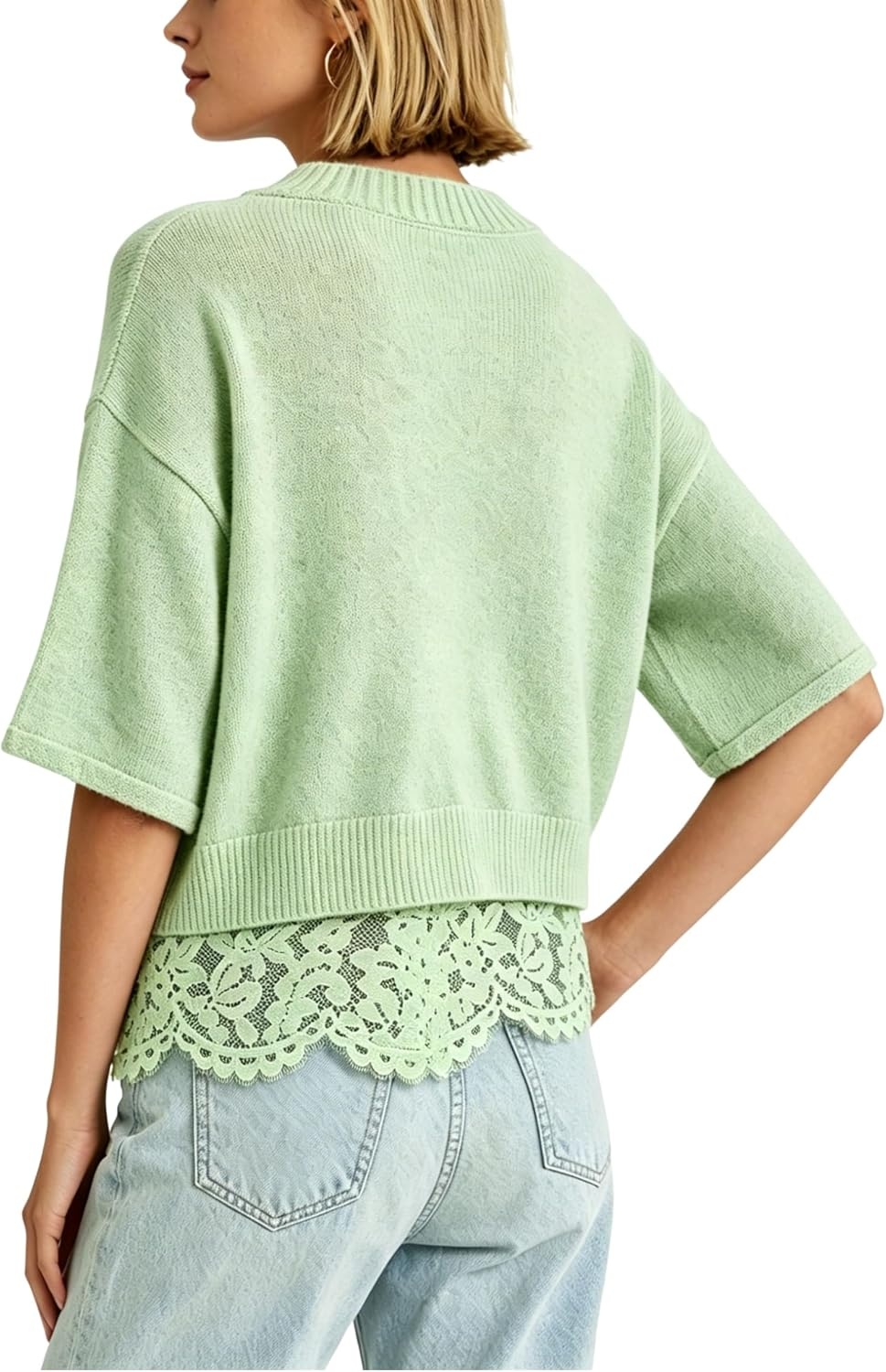 image:imageSpringrain Womens Cropped Lace Trim Knit Cardigan SweatersGreen