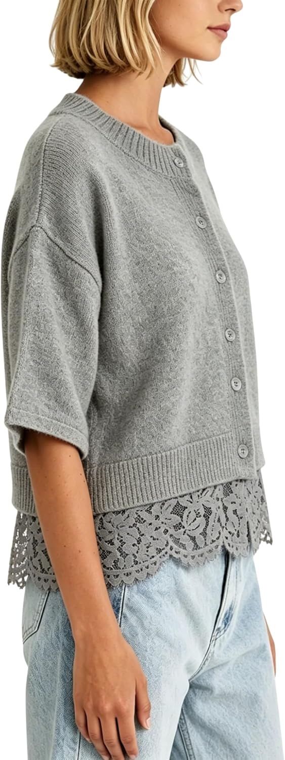 image:imageSpringrain Womens Cropped Lace Trim Knit Cardigan SweatersGrey