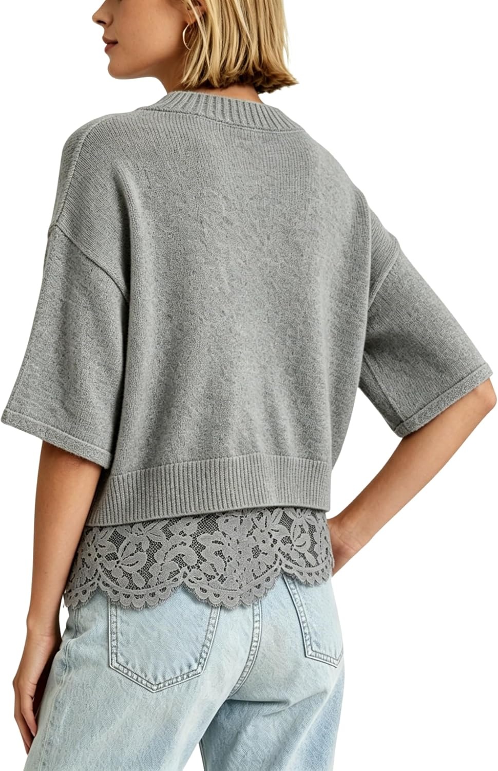 image:imageSpringrain Womens Cropped Lace Trim Knit Cardigan SweatersGrey
