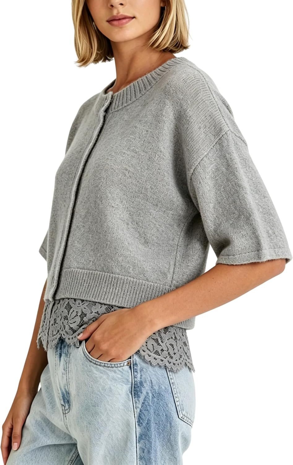 image:imageSpringrain Womens Cropped Lace Trim Knit Cardigan SweatersGrey