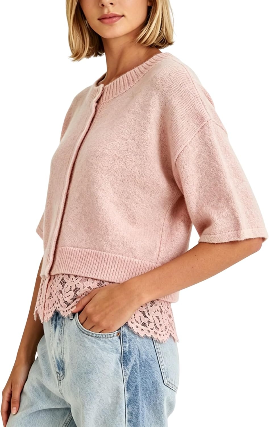 image:imageSpringrain Womens Cropped Lace Trim Knit Cardigan SweatersPink