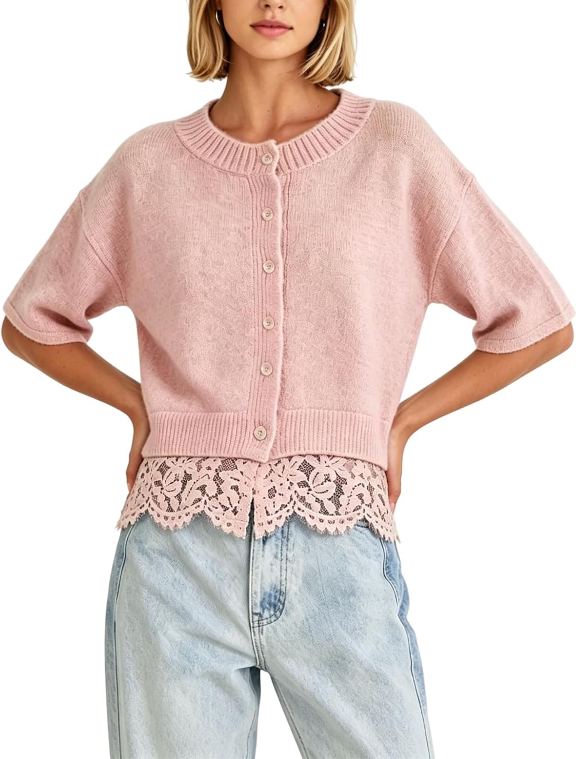 image:imageSpringrain Womens Cropped Lace Trim Knit Cardigan SweatersPink