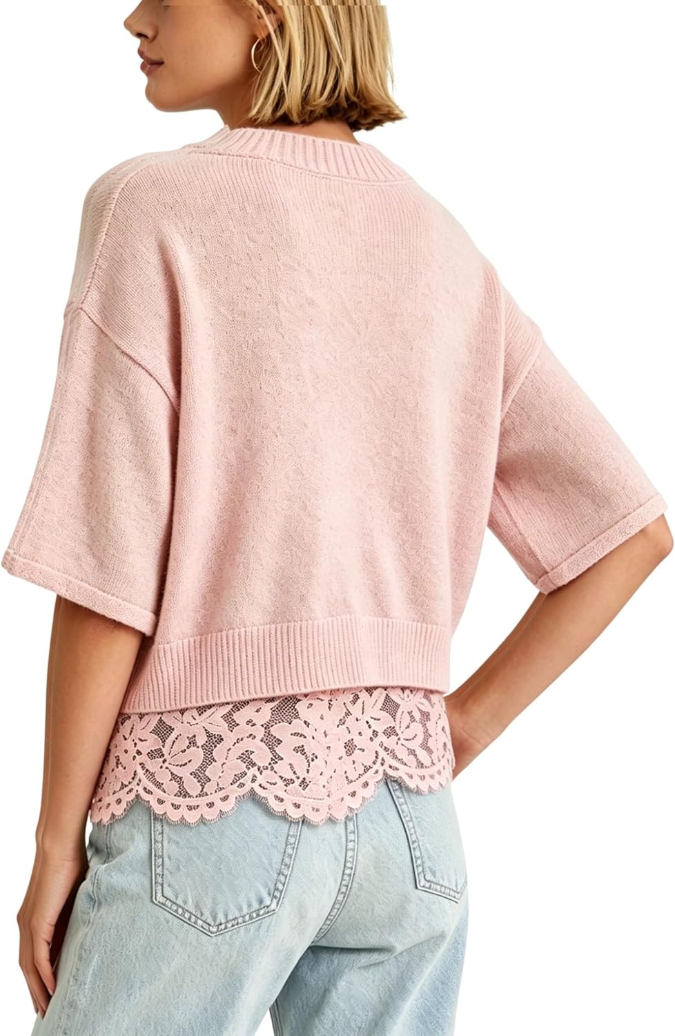 image:imageSpringrain Womens Cropped Lace Trim Knit Cardigan SweatersPink
