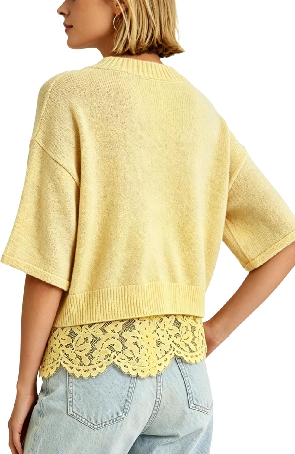 image:imageSpringrain Womens Cropped Lace Trim Knit Cardigan SweatersYellow