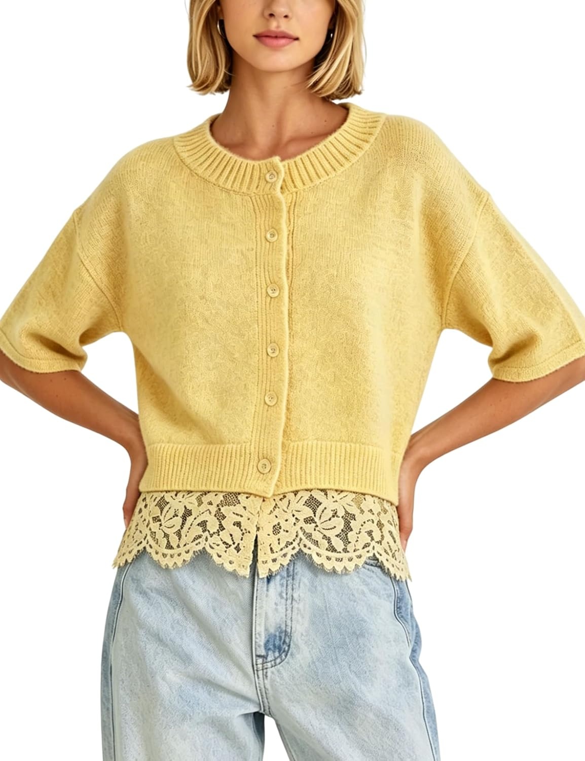 image:imageSpringrain Womens Cropped Lace Trim Knit Cardigan SweatersYellow