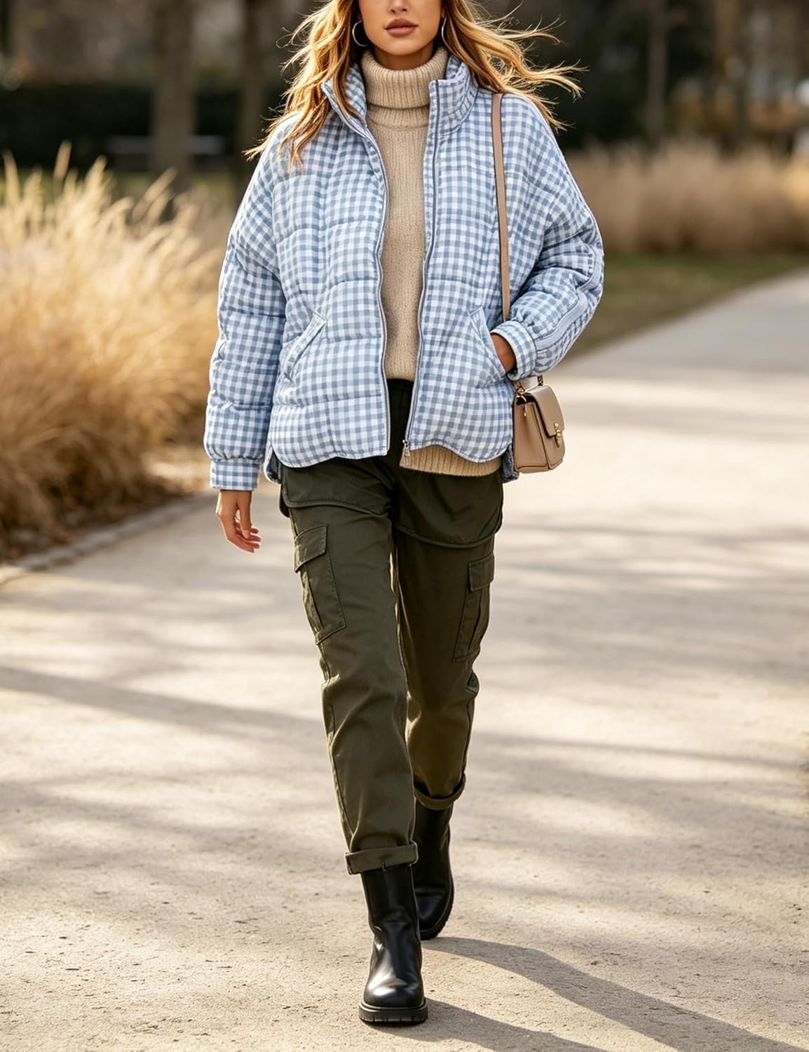 image:imageSpringrain Womens Gingham Splice Quilted Puffer Jacket Coat WindBlock Stand Collar Secure Full Zipper Front Oversized Loose Fit Lightweight Warm Filling Functional Side PocketsLightblue
