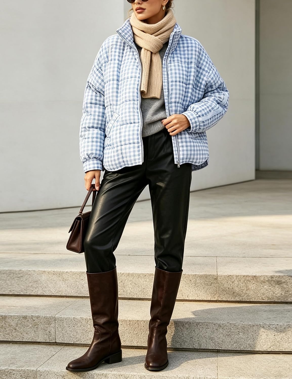 image:imageSpringrain Womens Gingham Splice Quilted Puffer Jacket Coat WindBlock Stand Collar Secure Full Zipper Front Oversized Loose Fit Lightweight Warm Filling Functional Side PocketsLightblue