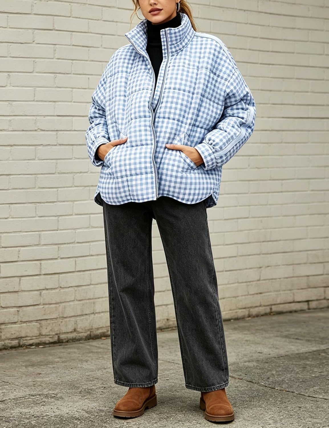 image:imageSpringrain Womens Gingham Splice Quilted Puffer Jacket Coat WindBlock Stand Collar Secure Full Zipper Front Oversized Loose Fit Lightweight Warm Filling Functional Side PocketsLightblue