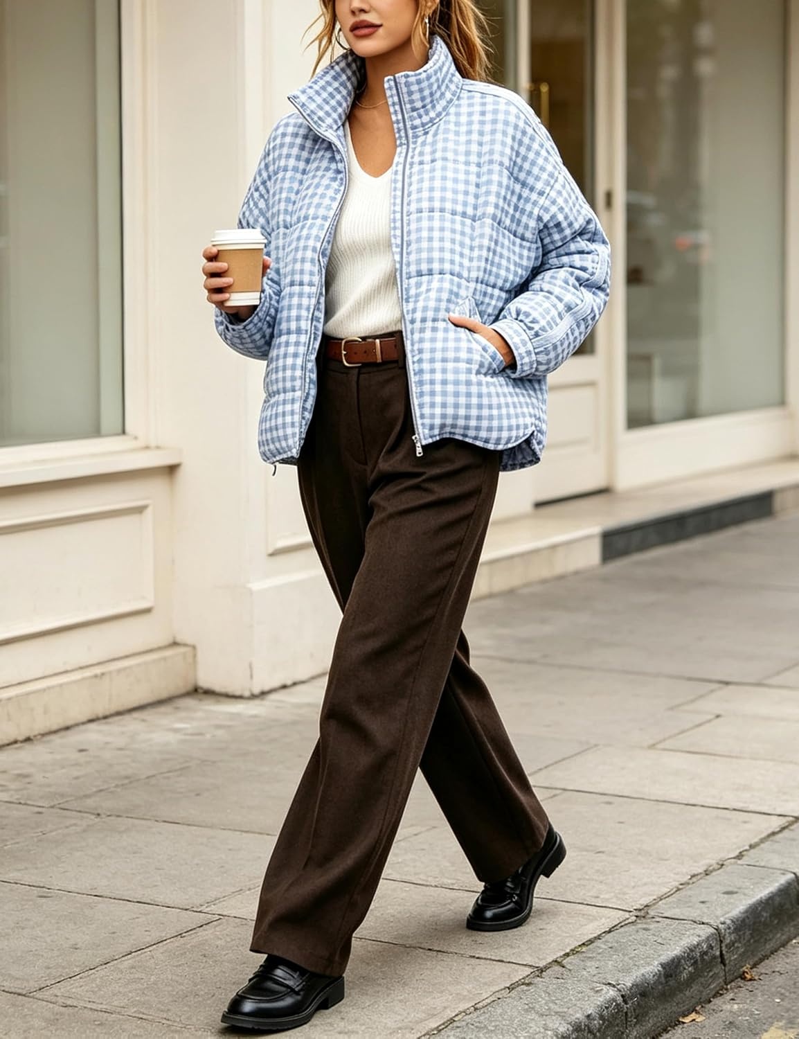 image:imageSpringrain Womens Gingham Splice Quilted Puffer Jacket Coat WindBlock Stand Collar Secure Full Zipper Front Oversized Loose Fit Lightweight Warm Filling Functional Side PocketsLightblue