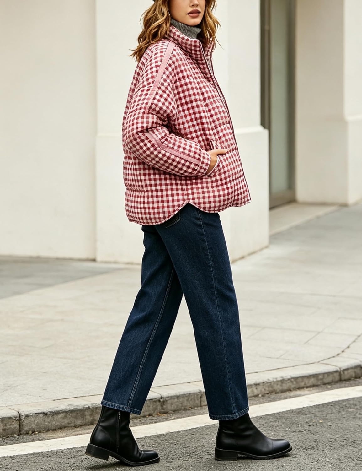 image:imageSpringrain Womens Gingham Splice Quilted Puffer Jacket Coat WindBlock Stand Collar Secure Full Zipper Front Oversized Loose Fit Lightweight Warm Filling Functional Side PocketsRed