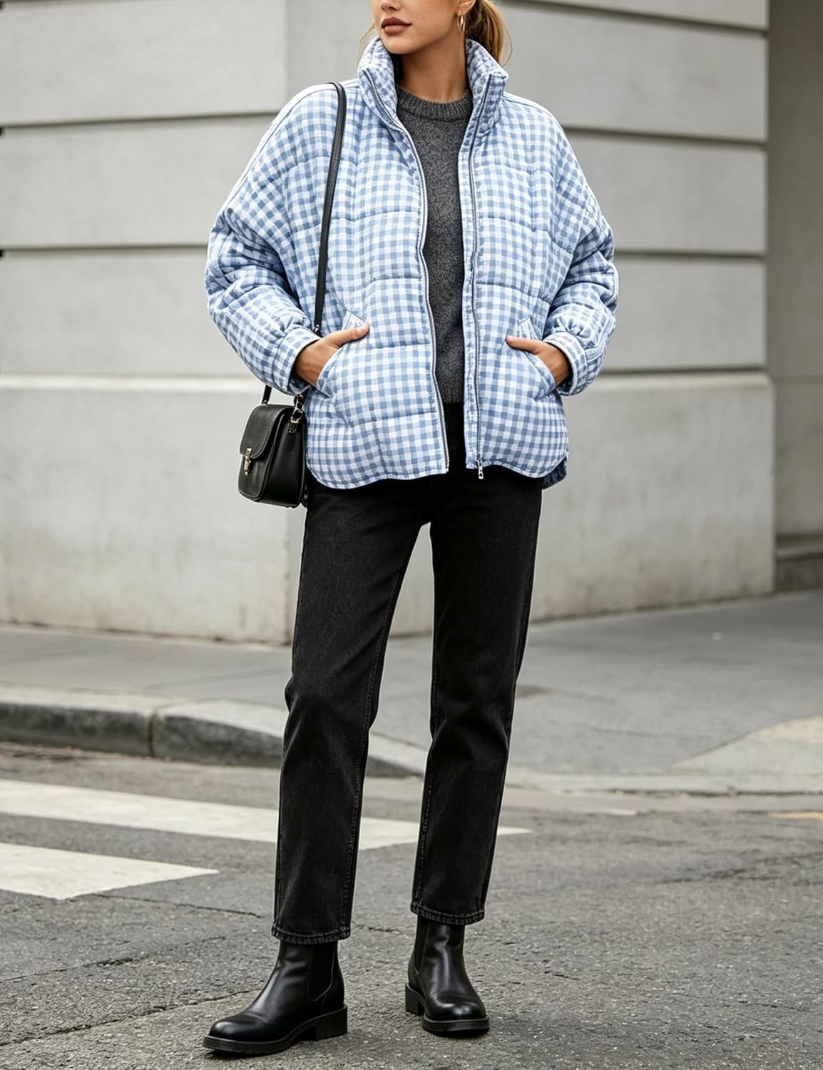 image:imageSpringrain Womens Gingham Splice Quilted Puffer Jacket Coat WindBlock Stand Collar Secure Full Zipper Front Oversized Loose Fit Lightweight Warm Filling Functional Side PocketsLightblue