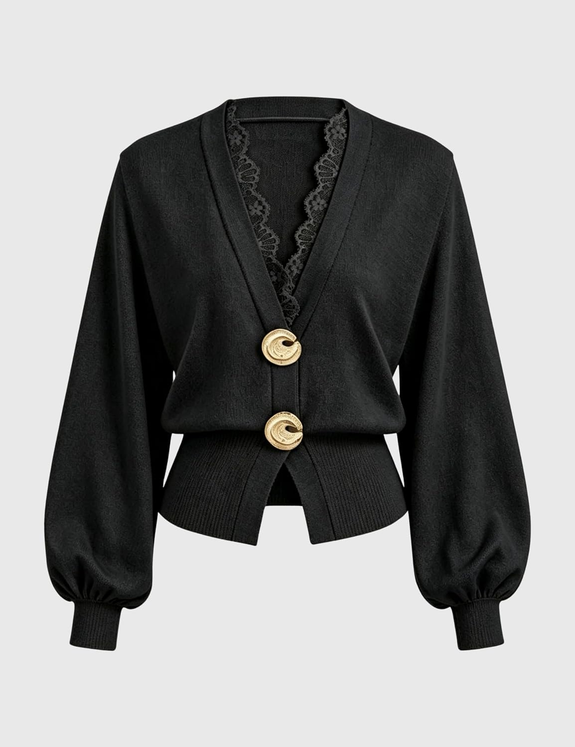 image:imageSpringrain Womens Lace Trim Knit Top V Neck Button Cardigan Two large metal ring closure Lantern sleeves with ribbed cuffs Flattering cropped ribbed hem Lightweight soft fabricBlack