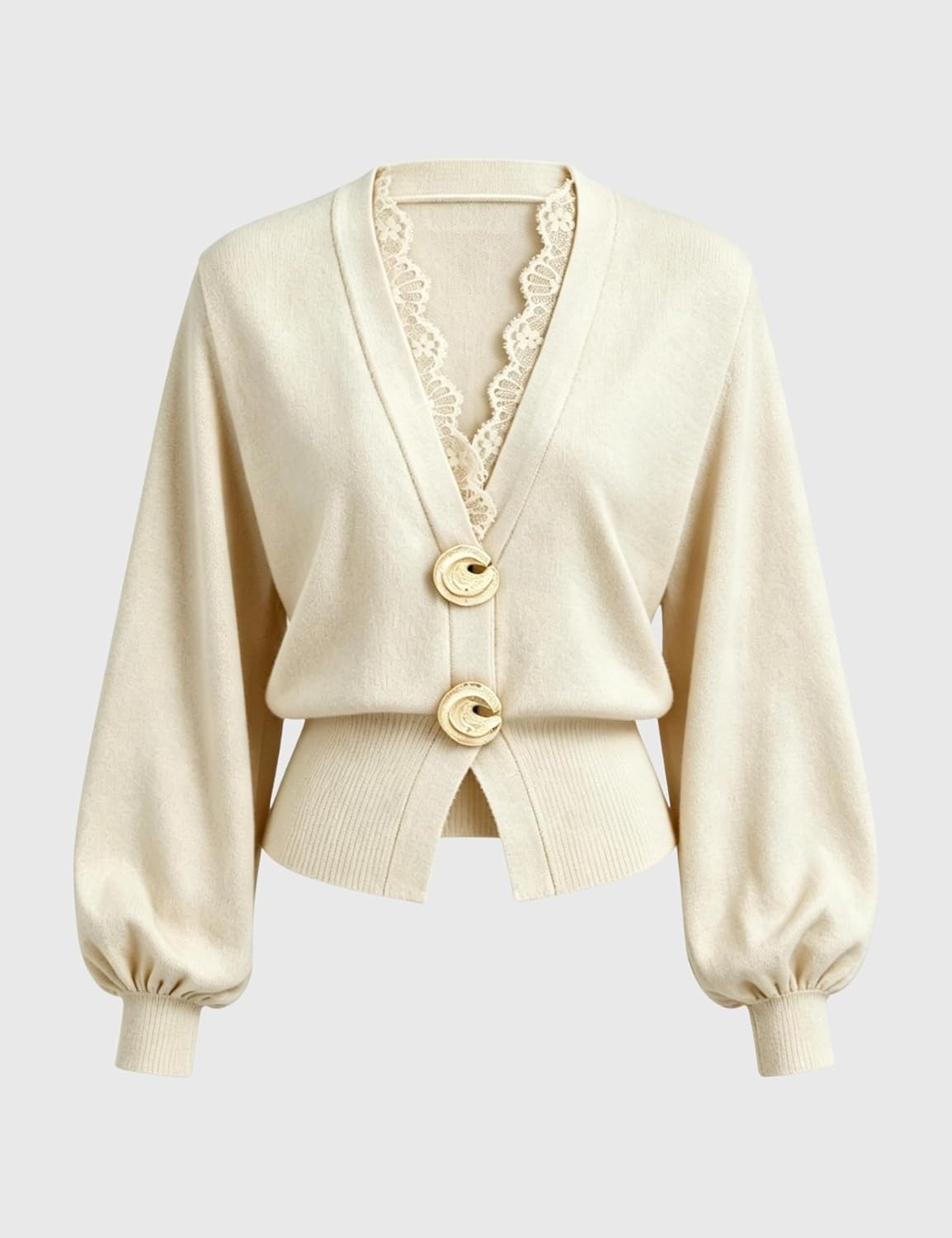 image:imageSpringrain Womens Lace Trim Knit Top V Neck Button Cardigan Two large metal ring closure Lantern sleeves with ribbed cuffs Flattering cropped ribbed hem Lightweight soft fabricBeige