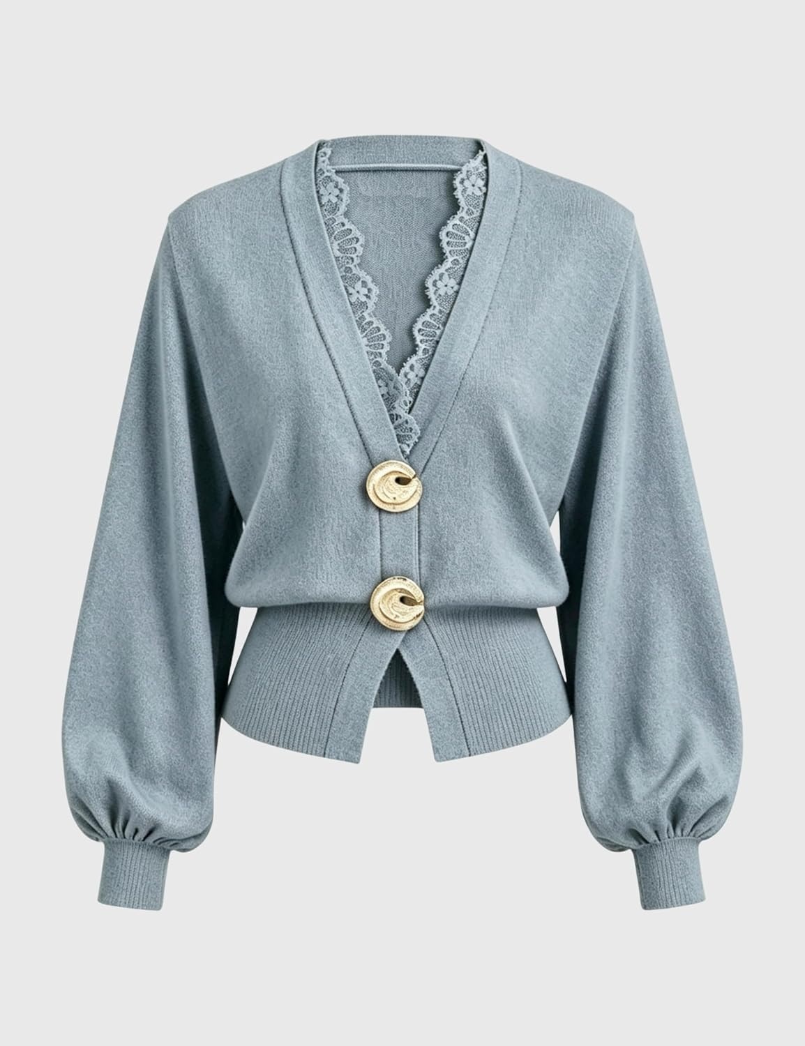 image:imageSpringrain Womens Lace Trim Knit Top V Neck Button Cardigan Two large metal ring closure Lantern sleeves with ribbed cuffs Flattering cropped ribbed hem Lightweight soft fabricBluegrey