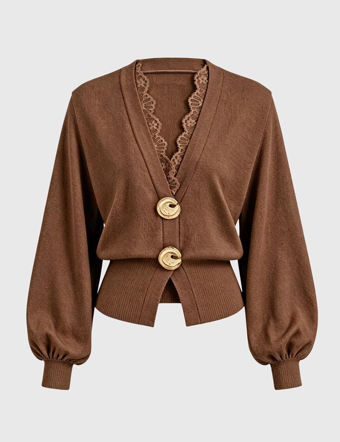 image:imageSpringrain Womens Lace Trim Knit Top V Neck Button Cardigan Two large metal ring closure Lantern sleeves with ribbed cuffs Flattering cropped ribbed hem Lightweight soft fabricBrown