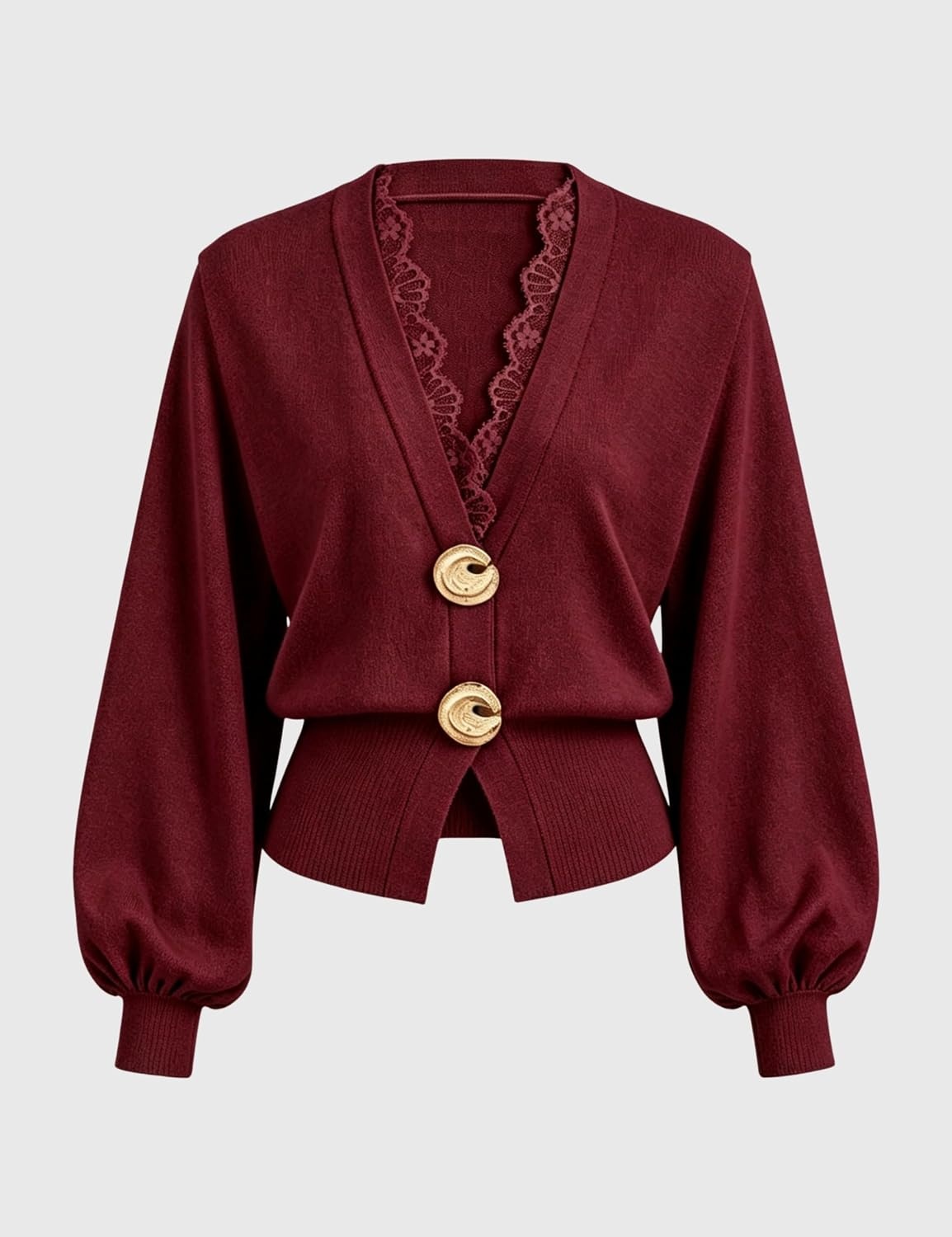 image:imageSpringrain Womens Lace Trim Knit Top V Neck Button Cardigan Two large metal ring closure Lantern sleeves with ribbed cuffs Flattering cropped ribbed hem Lightweight soft fabricWinered