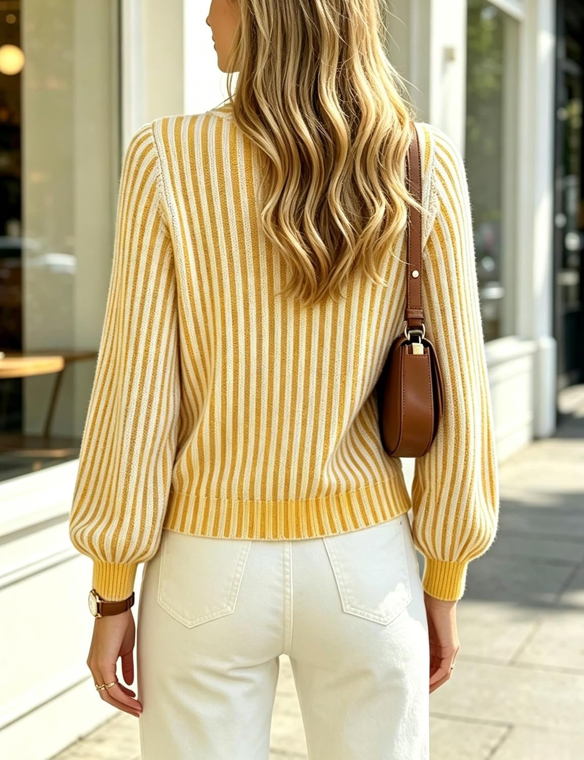 image:imageSpringrain Womens Striped Cardigan Sweater V Neck Ruffle Fall Soft Breathable Knit Texture ButtonFront Placket Long Balloon Sleeves with Ribbed Cuffs Versatile CoolWeather LayeringYellow