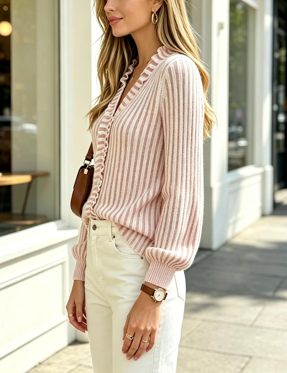 image:imageSpringrain Womens Striped Cardigan Sweater V Neck Ruffle Fall Soft Breathable Knit Texture ButtonFront Placket Long Balloon Sleeves with Ribbed Cuffs Versatile CoolWeather LayeringPink