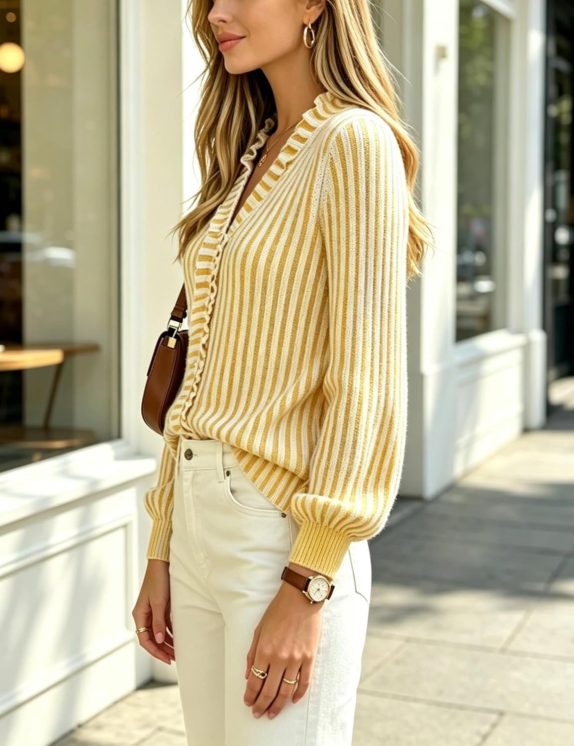 image:imageSpringrain Womens Striped Cardigan Sweater V Neck Ruffle Fall Soft Breathable Knit Texture ButtonFront Placket Long Balloon Sleeves with Ribbed Cuffs Versatile CoolWeather LayeringYellow