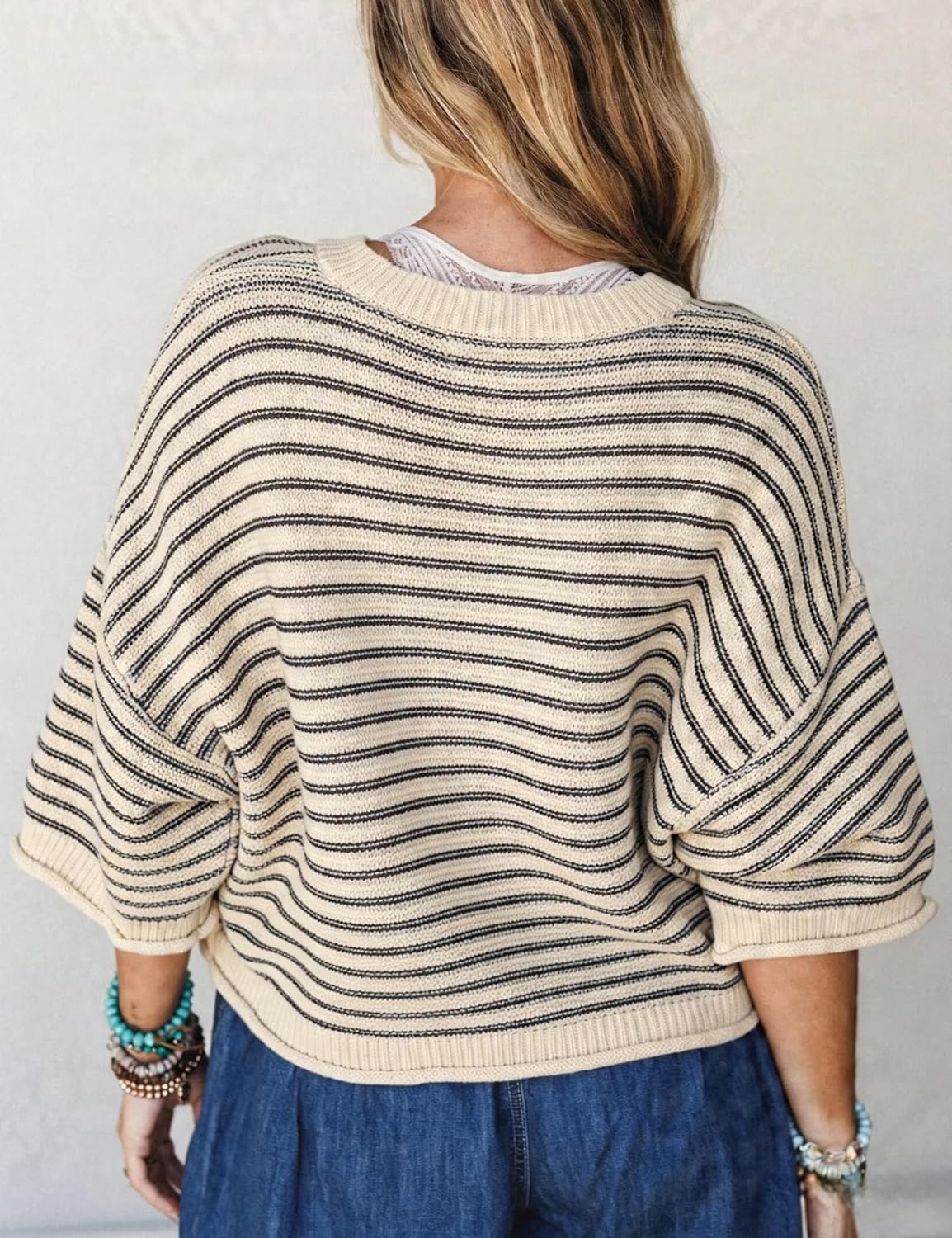 image:imageSpringrain Womens Striped Cardigan Sweaters Button Down Fall Soft Lightweight Knit Fabric Front Button Closure Design Relaxed Loose Fit Cut Long Sleeve Ribbed CuffsBlack