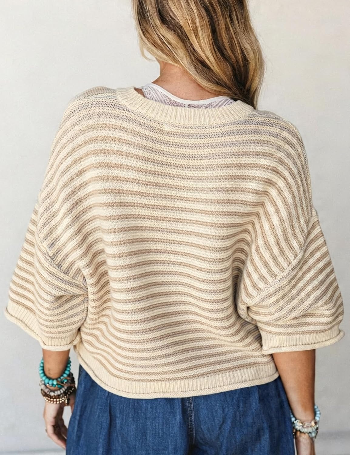 image:imageSpringrain Womens Striped Cardigan Sweaters Button Down Fall Soft Lightweight Knit Fabric Front Button Closure Design Relaxed Loose Fit Cut Long Sleeve Ribbed CuffsKhaki
