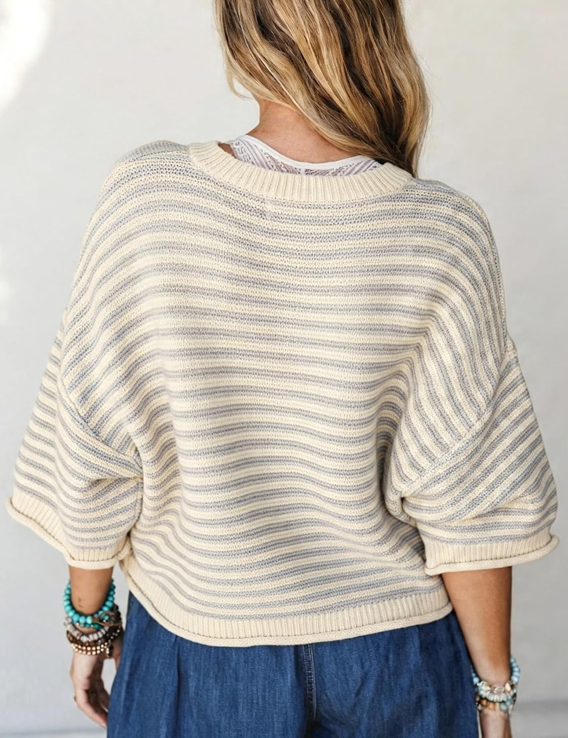 image:imageSpringrain Womens Striped Cardigan Sweaters Button Down Fall Soft Lightweight Knit Fabric Front Button Closure Design Relaxed Loose Fit Cut Long Sleeve Ribbed CuffsGrey
