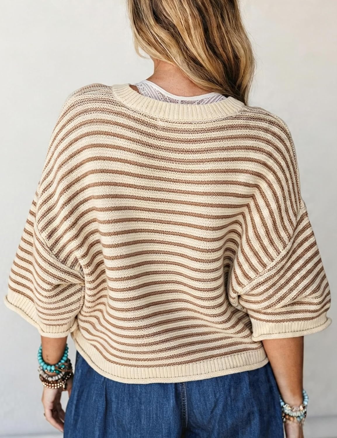 image:imageSpringrain Womens Striped Cardigan Sweaters Button Down Fall Soft Lightweight Knit Fabric Front Button Closure Design Relaxed Loose Fit Cut Long Sleeve Ribbed CuffsBrown