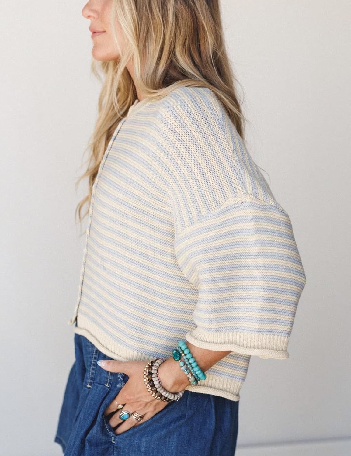 image:imageSpringrain Womens Striped Cardigan Sweaters Button Down Fall Soft Lightweight Knit Fabric Front Button Closure Design Relaxed Loose Fit Cut Long Sleeve Ribbed CuffsBlue