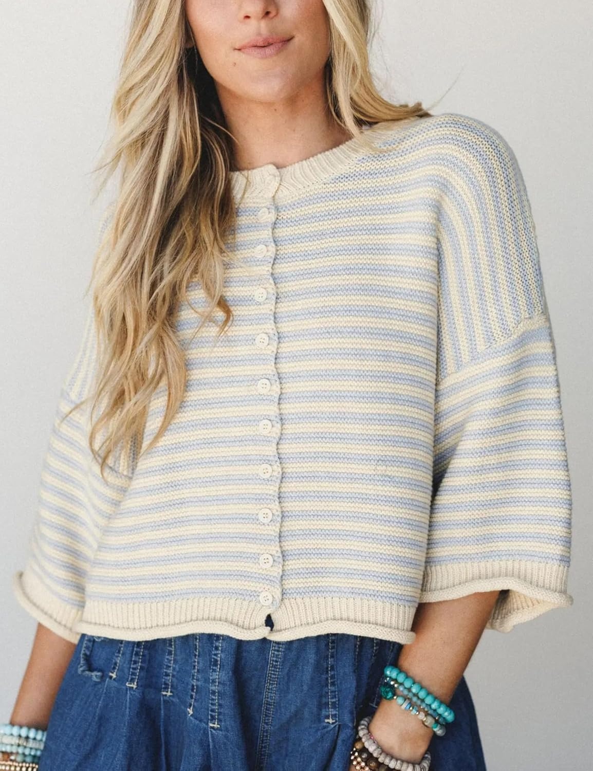 image:imageSpringrain Womens Striped Cardigan Sweaters Button Down Fall Soft Lightweight Knit Fabric Front Button Closure Design Relaxed Loose Fit Cut Long Sleeve Ribbed CuffsBlue