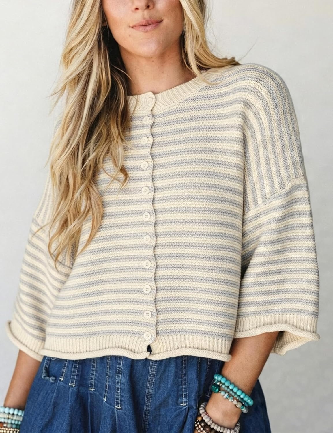 image:imageSpringrain Womens Striped Cardigan Sweaters Button Down Fall Soft Lightweight Knit Fabric Front Button Closure Design Relaxed Loose Fit Cut Long Sleeve Ribbed CuffsGrey