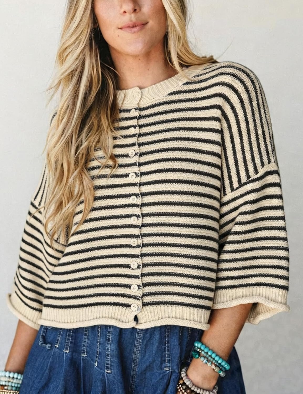 image:imageSpringrain Womens Striped Cardigan Sweaters Button Down Fall Soft Lightweight Knit Fabric Front Button Closure Design Relaxed Loose Fit Cut Long Sleeve Ribbed CuffsBlack