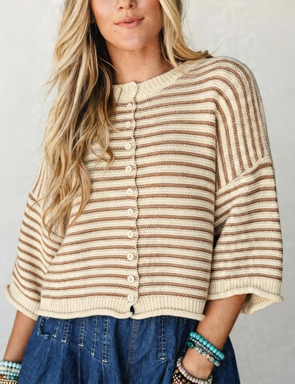 image:imageSpringrain Womens Striped Cardigan Sweaters Button Down Fall Soft Lightweight Knit Fabric Front Button Closure Design Relaxed Loose Fit Cut Long Sleeve Ribbed CuffsBrown