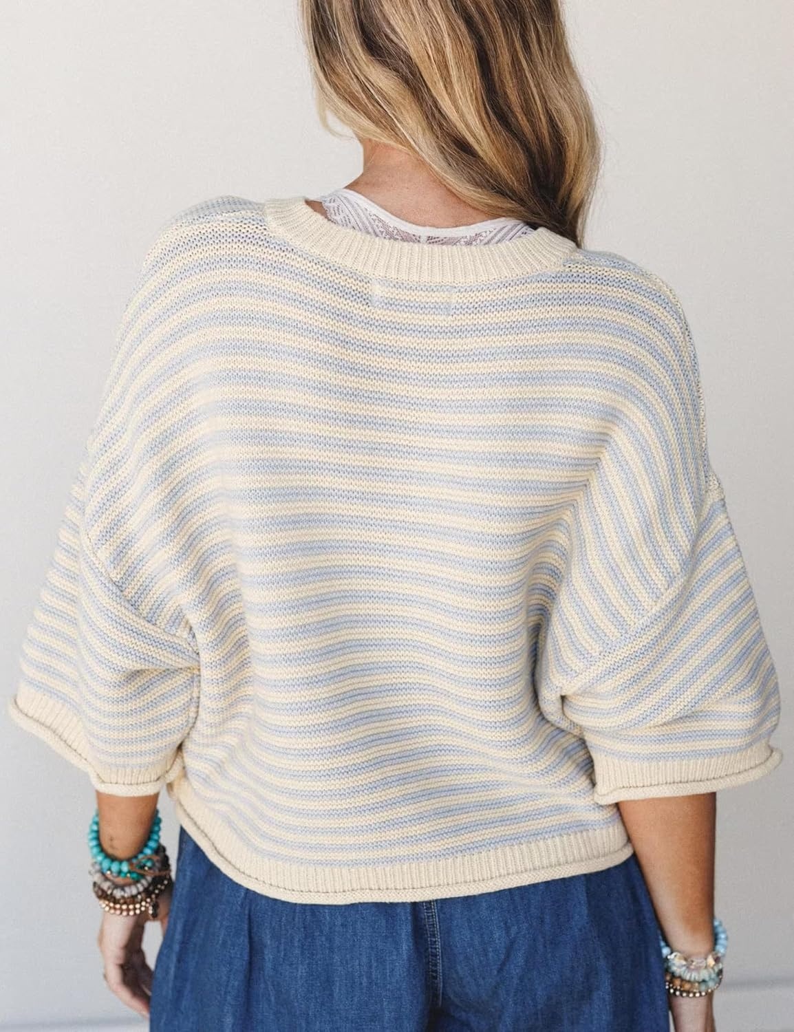image:imageSpringrain Womens Striped Cardigan Sweaters Button Down Fall Soft Lightweight Knit Fabric Front Button Closure Design Relaxed Loose Fit Cut Long Sleeve Ribbed CuffsBlue