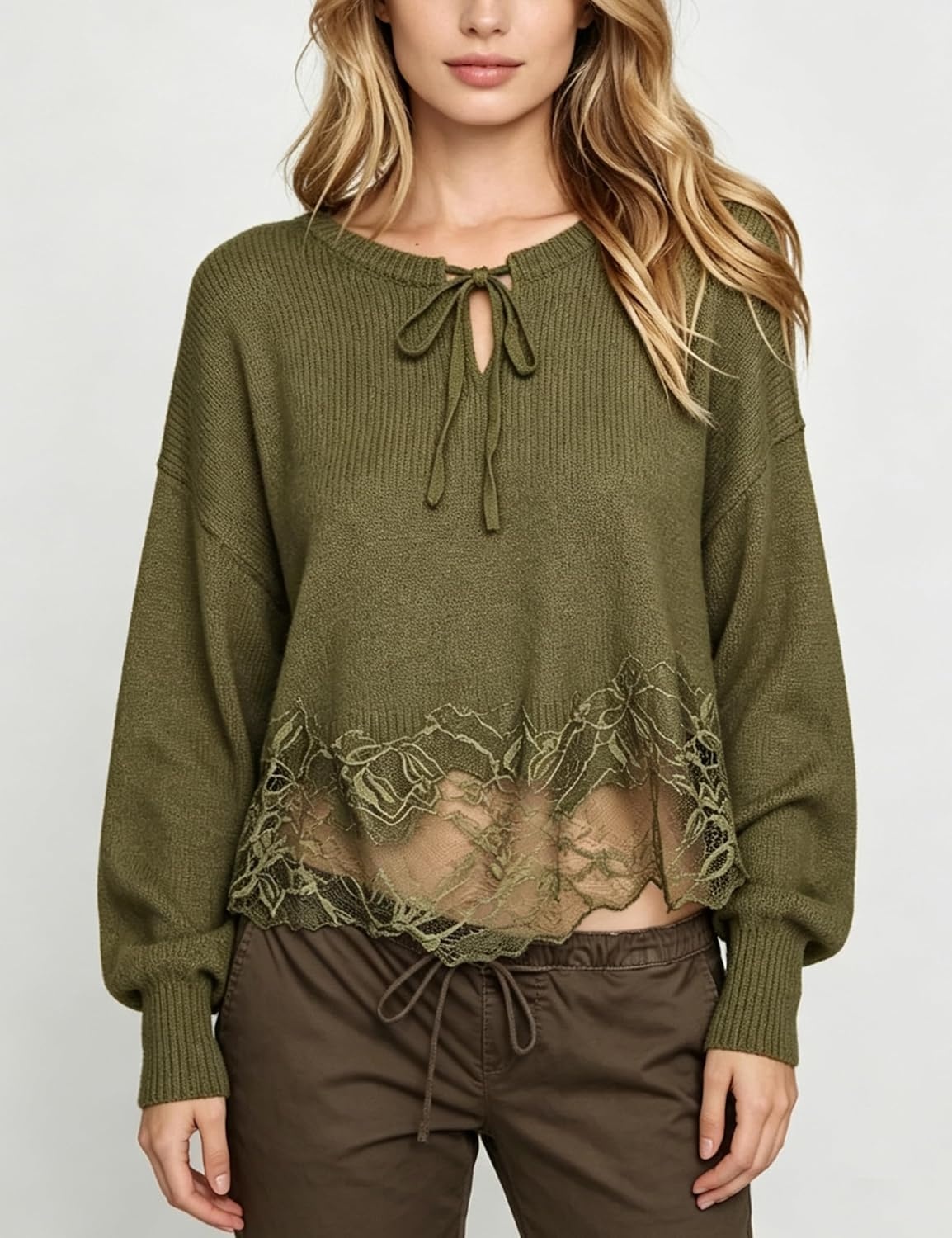image:imageSpringrain Womens Tie Front Lace Trim Knit Cropped Sweater Top Scalloped lace hem detail Relaxed drop shoulder fit Soft breathable cozy material Versatile everyday casual wearGreen