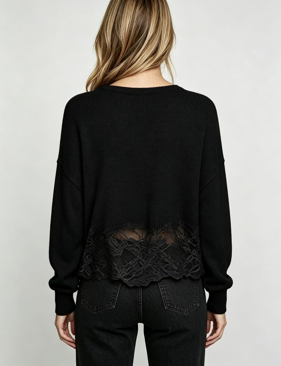 image:imageSpringrain Womens Tie Front Lace Trim Knit Cropped Sweater Top Scalloped lace hem detail Relaxed drop shoulder fit Soft breathable cozy material Versatile everyday casual wearBlack