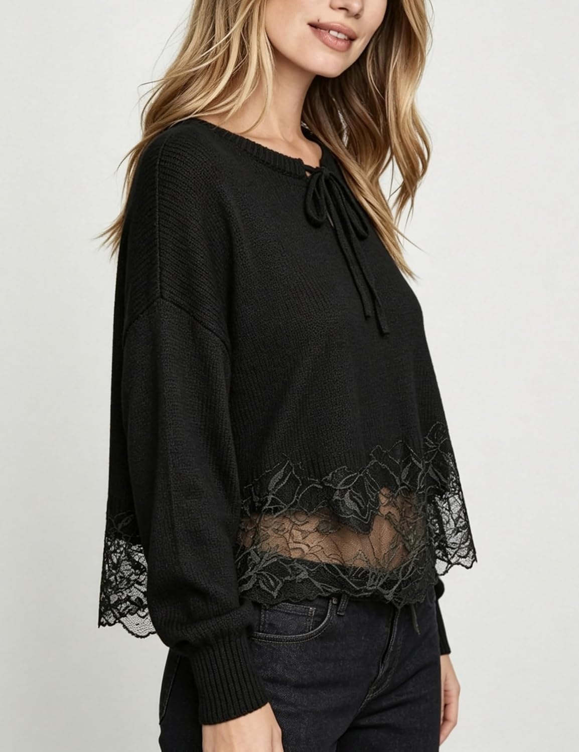 image:imageSpringrain Womens Tie Front Lace Trim Knit Cropped Sweater Top Scalloped lace hem detail Relaxed drop shoulder fit Soft breathable cozy material Versatile everyday casual wearBlack