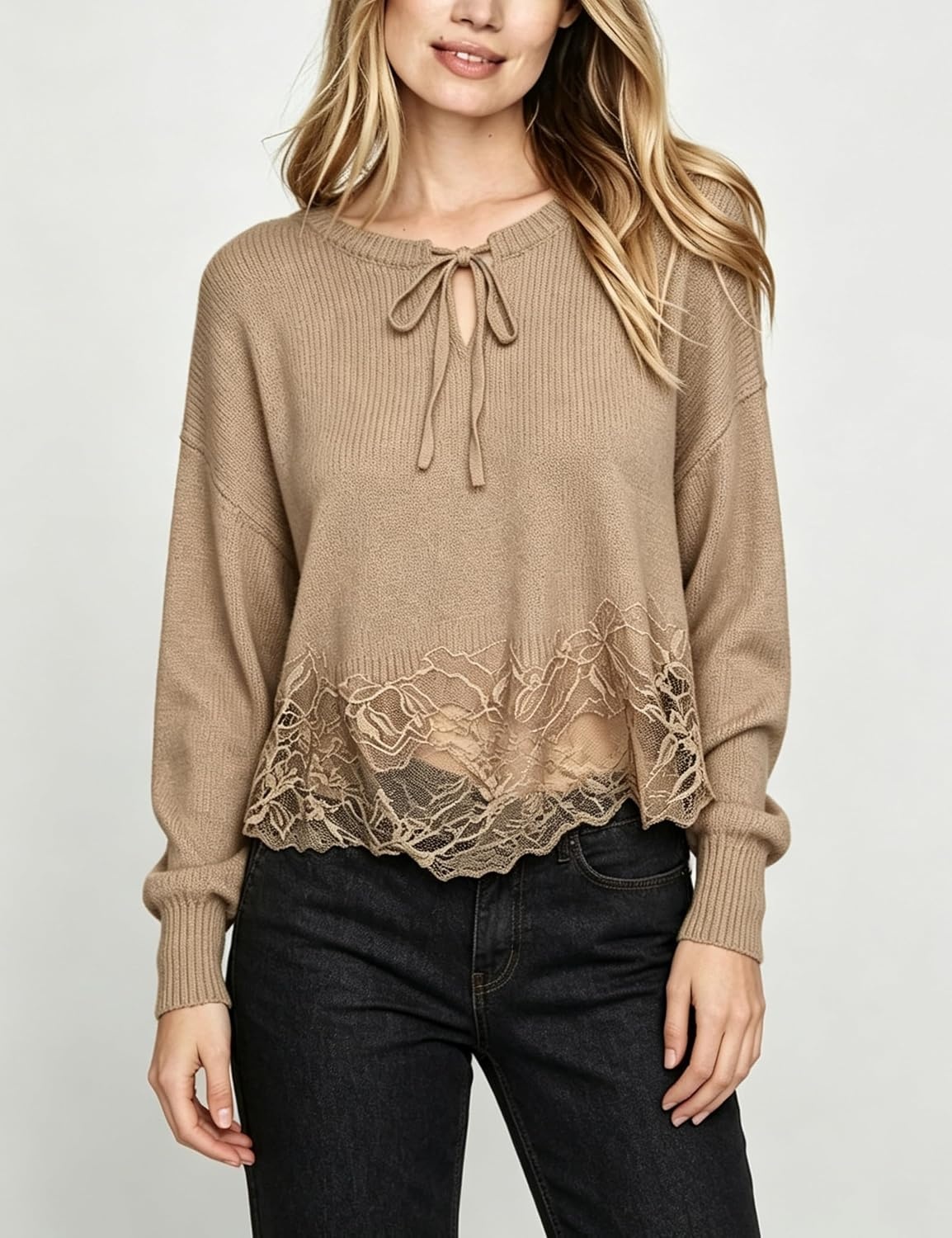 image:imageSpringrain Womens Tie Front Lace Trim Knit Cropped Sweater Top Scalloped lace hem detail Relaxed drop shoulder fit Soft breathable cozy material Versatile everyday casual wearKhaki