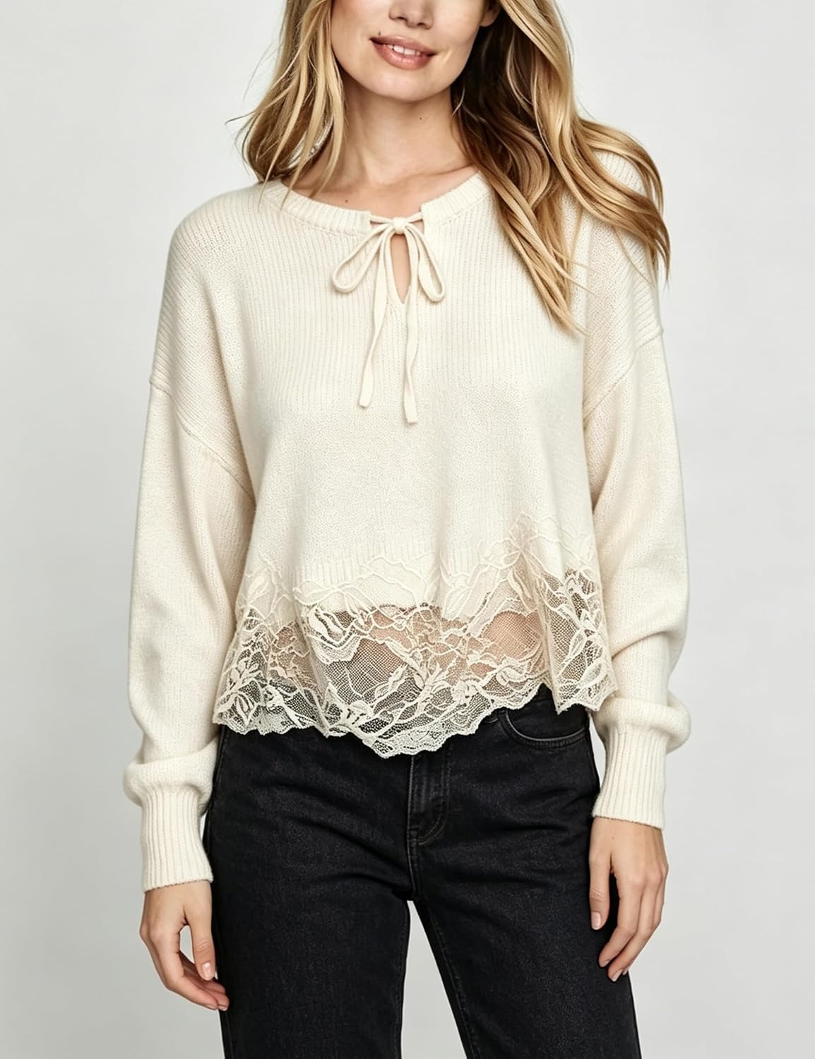 image:imageSpringrain Womens Tie Front Lace Trim Knit Cropped Sweater Top Scalloped lace hem detail Relaxed drop shoulder fit Soft breathable cozy material Versatile everyday casual wearBeige