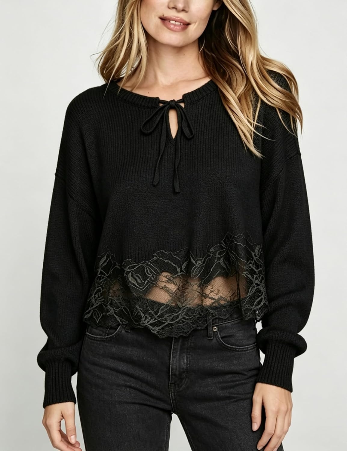 image:imageSpringrain Womens Tie Front Lace Trim Knit Cropped Sweater Top Scalloped lace hem detail Relaxed drop shoulder fit Soft breathable cozy material Versatile everyday casual wearBlack